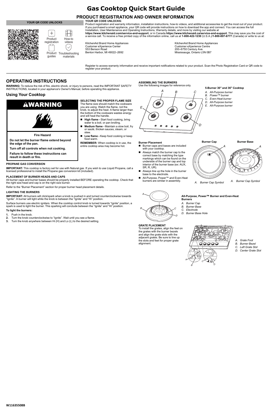 KITCHENAID 36 Inch Gas Cooktop Quick Start Guide User Manual | 2 pages