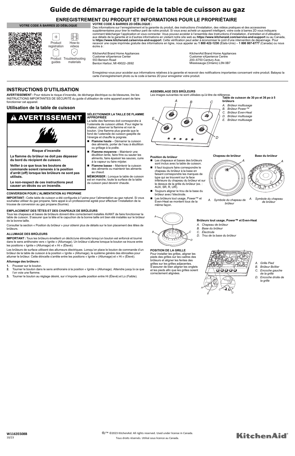 Instructions d’utilisation_w11635508a, Avertissement, Instructions d’utilisation | Utilisation de la table de cuisson | KITCHENAID 36 Inch Gas Cooktop Quick Start Guide User Manual | Page 2 / 2