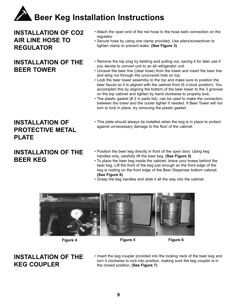 Beer keg installation instructions, Installation of co2 air line hose to regulator, Installation of the beer tower | Installation of protective metal plate, Installation of the beer keg, Installation of the keg coupler | Danby DKC146SLDB User Manual | Page 10 / 45