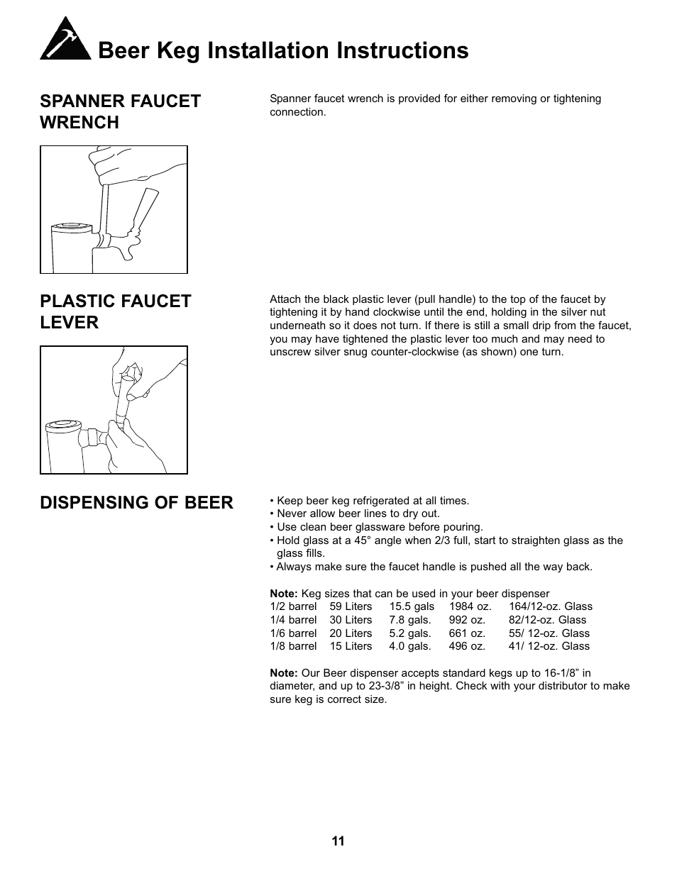 Beer keg installation instructions, Spanner faucet wrench, Plastic faucet lever | Dispensing of beer | Danby DKC146SLDB User Manual | Page 12 / 45