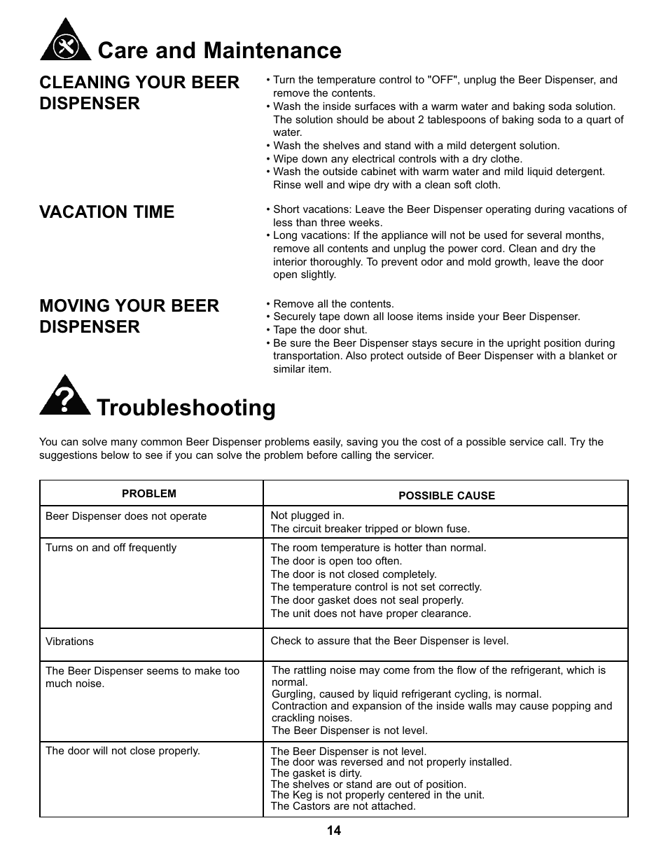 Care and maintenance troubleshooting, Cleaning your beer dispenser, Vacation time | Moving your beer dispenser | Danby DKC146SLDB User Manual | Page 15 / 45