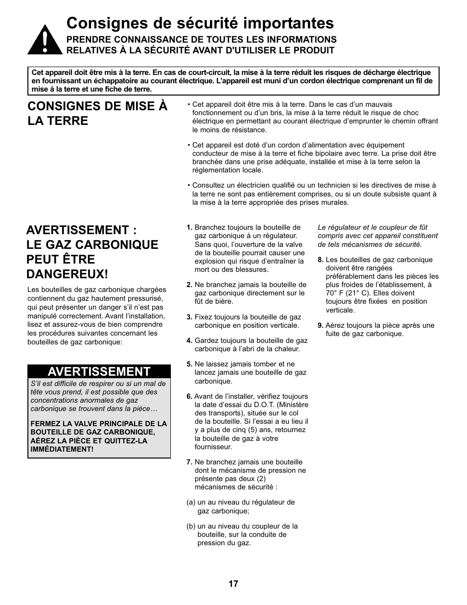 Consignes de sécurité importantes, Consignes de mise à la terre, Avertissement | Danby DKC146SLDB User Manual | Page 18 / 45