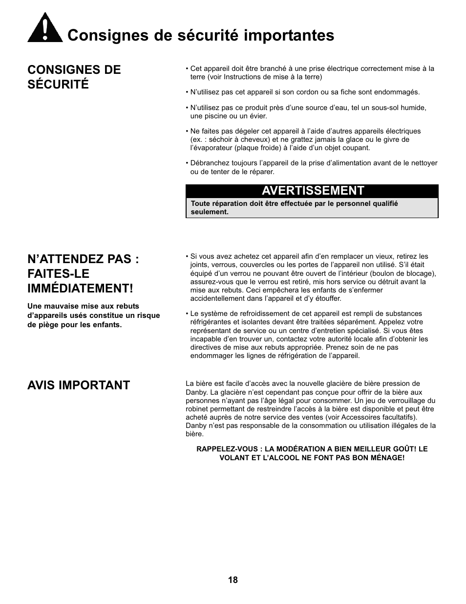 Consignes de sécurité importantes, Consignes de sécurité, Avertissement | N’attendez pas : faites-le immédiatement, Avis important | Danby DKC146SLDB User Manual | Page 19 / 45