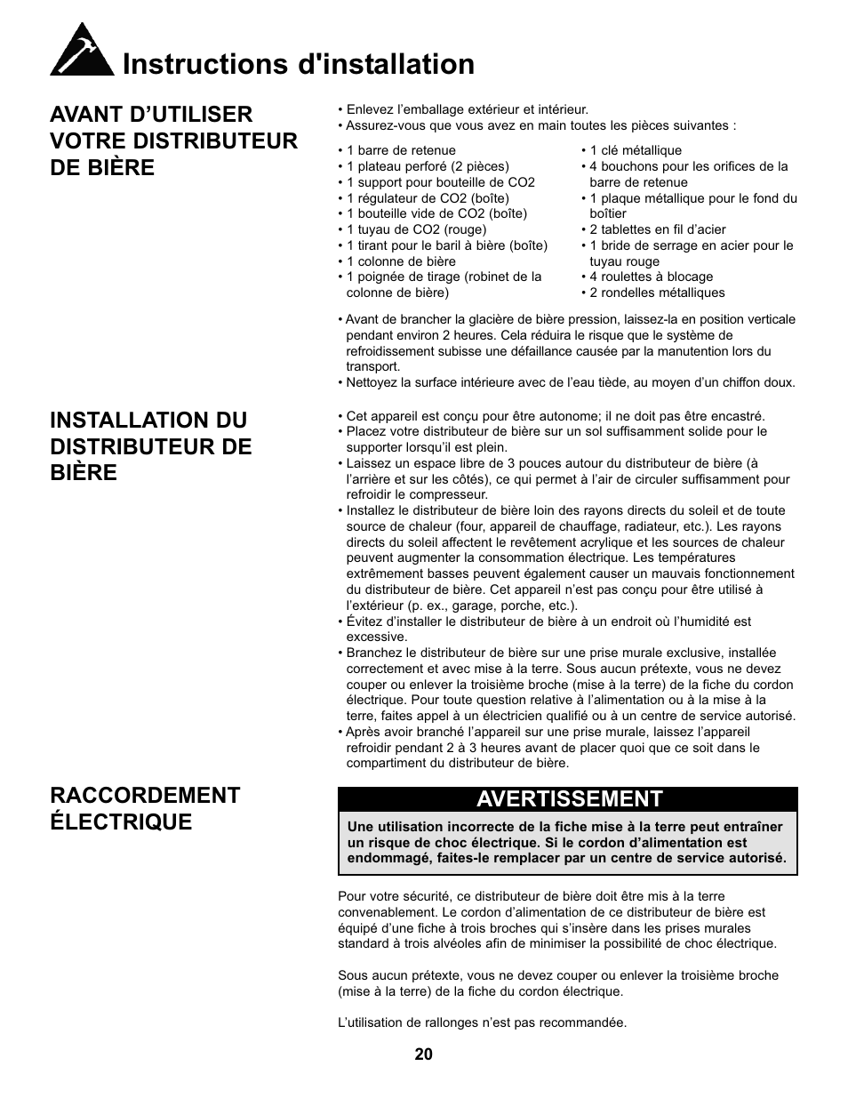 Instructions d'installation, Avant d’utiliser votre distributeur de bière, Installation du distributeur de bière | Raccordement électrique, Avertissement | Danby DKC146SLDB User Manual | Page 21 / 45