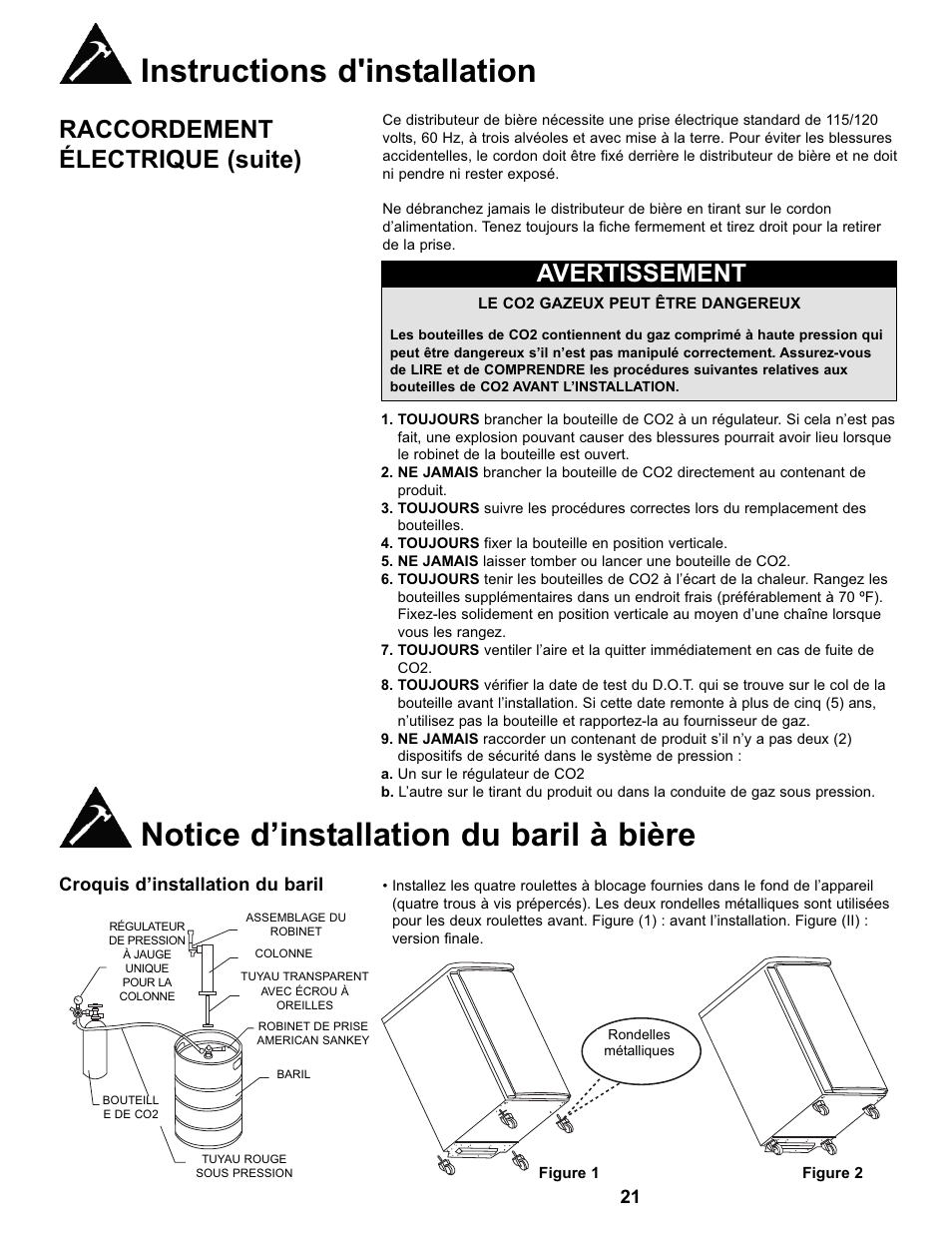 Instructions d'installation, Notice d’installation du baril à bière, Raccordement électrique (suite) | Avertissement, Croquis d’installation du baril, Metal washers | Danby DKC146SLDB User Manual | Page 22 / 45