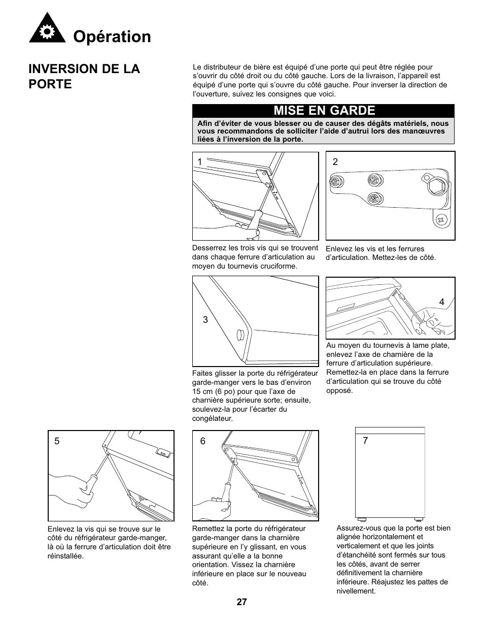 Opération, Inversion de la porte, Mise en garde | Danby DKC146SLDB User Manual | Page 28 / 45