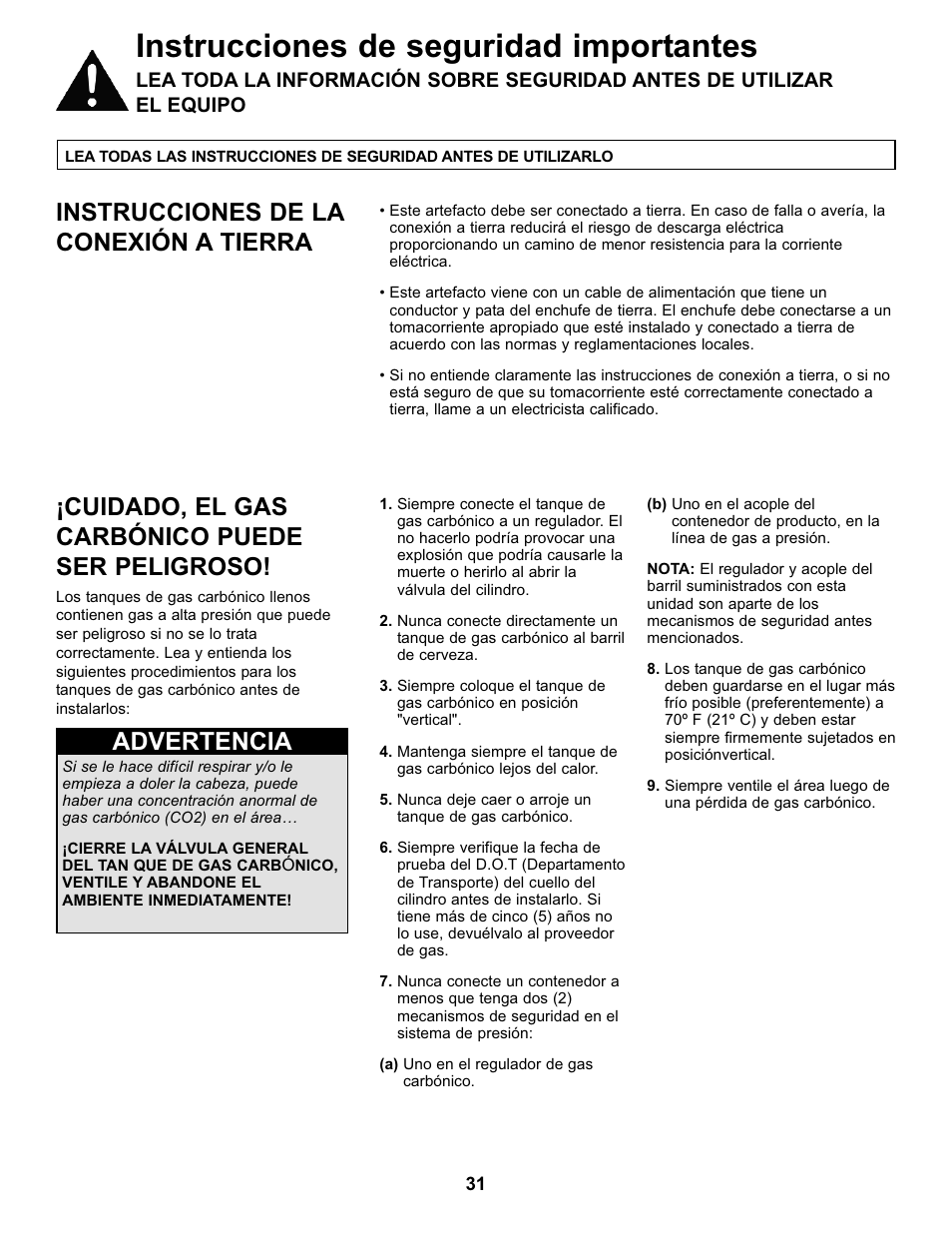 Instrucciones de seguridad importantes, Instrucciones de la conexión a tierra, Advertencia | Cuidado, el gas carbónico puede ser peligroso | Danby DKC146SLDB User Manual | Page 32 / 45