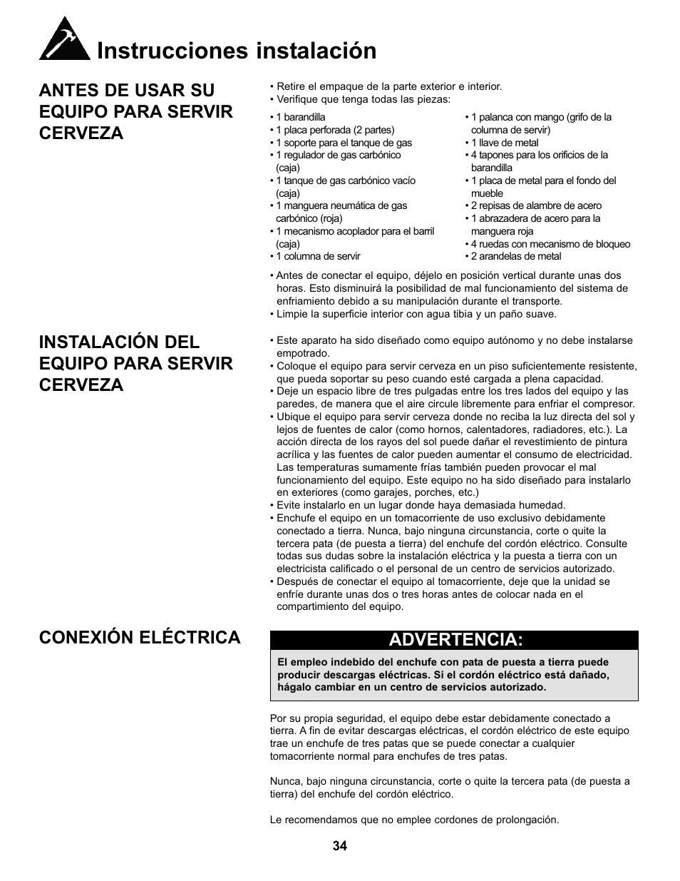 Instrucciones instalación, Antes de usar su equipo para servir cerveza, Instalación del equipo para servir cerveza | Conexión eléctrica, Advertencia | Danby DKC146SLDB User Manual | Page 35 / 45