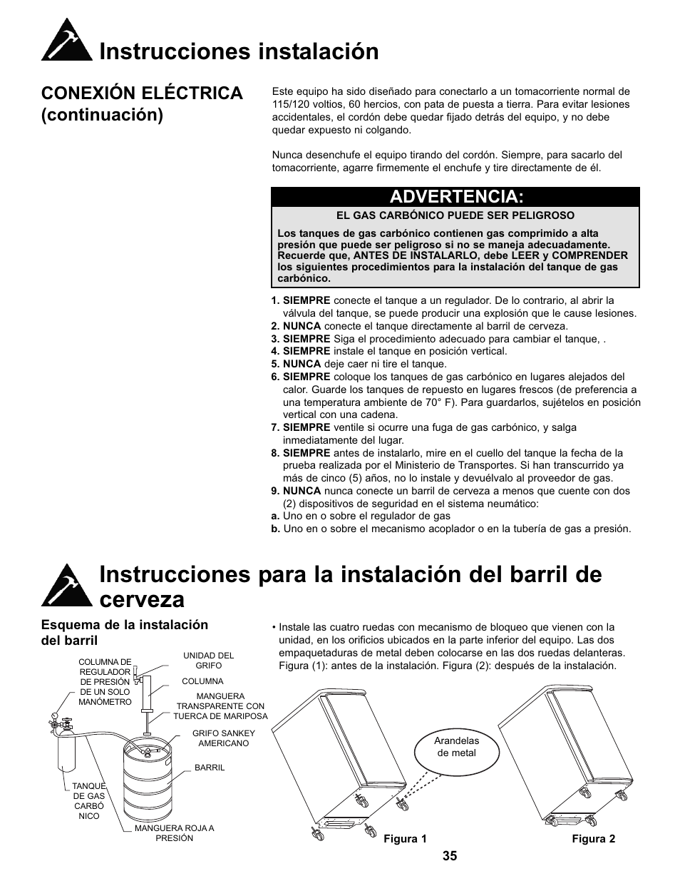 Instrucciones instalación, Conexión eléctrica (continuación), Advertencia | Esquema de la instalación del barril, Metal washers | Danby DKC146SLDB User Manual | Page 36 / 45