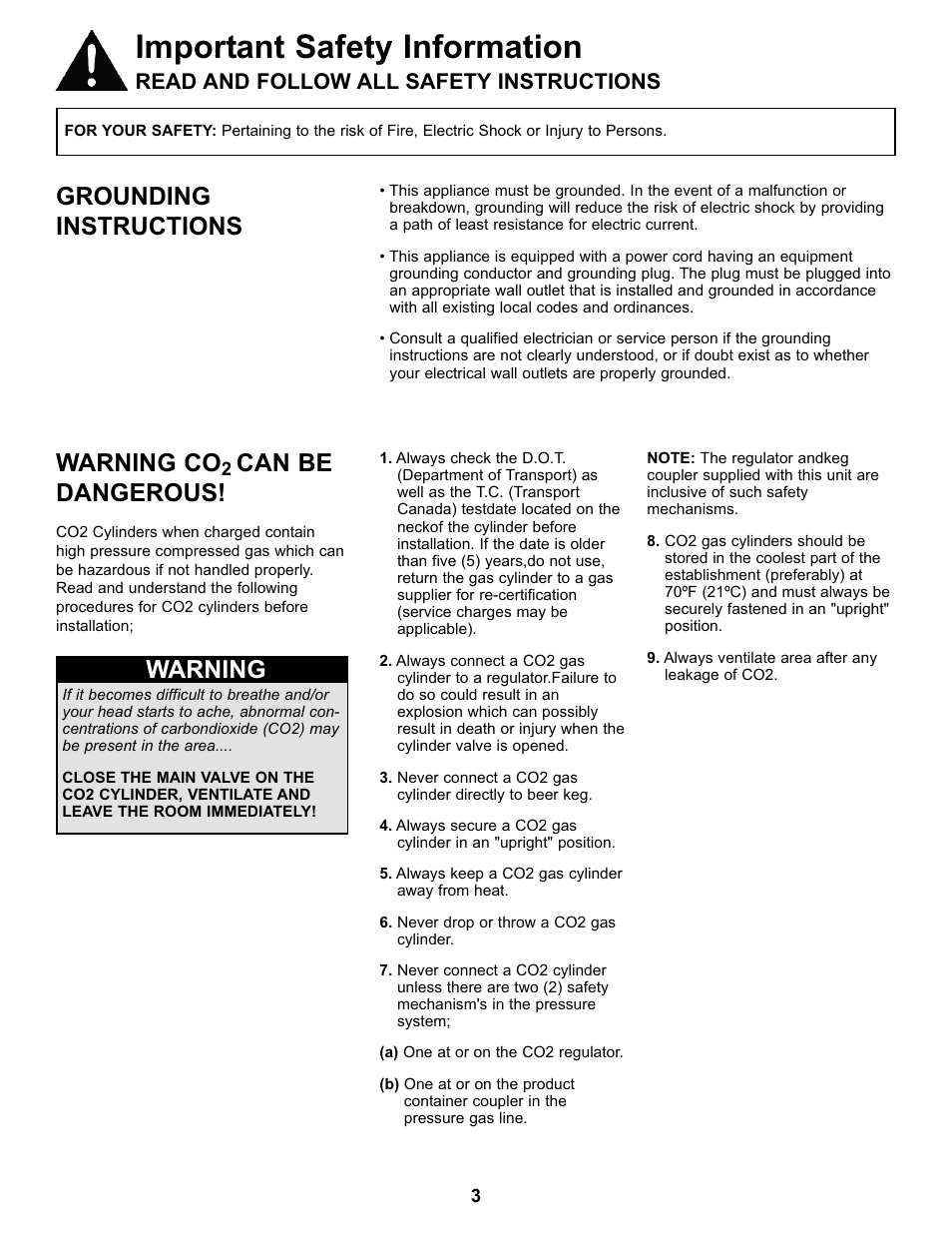 Important safety information, Grounding instructions, Warning | Warning co can be dangerous, Read and follow all safety instructions | Danby DKC146SLDB User Manual | Page 4 / 45