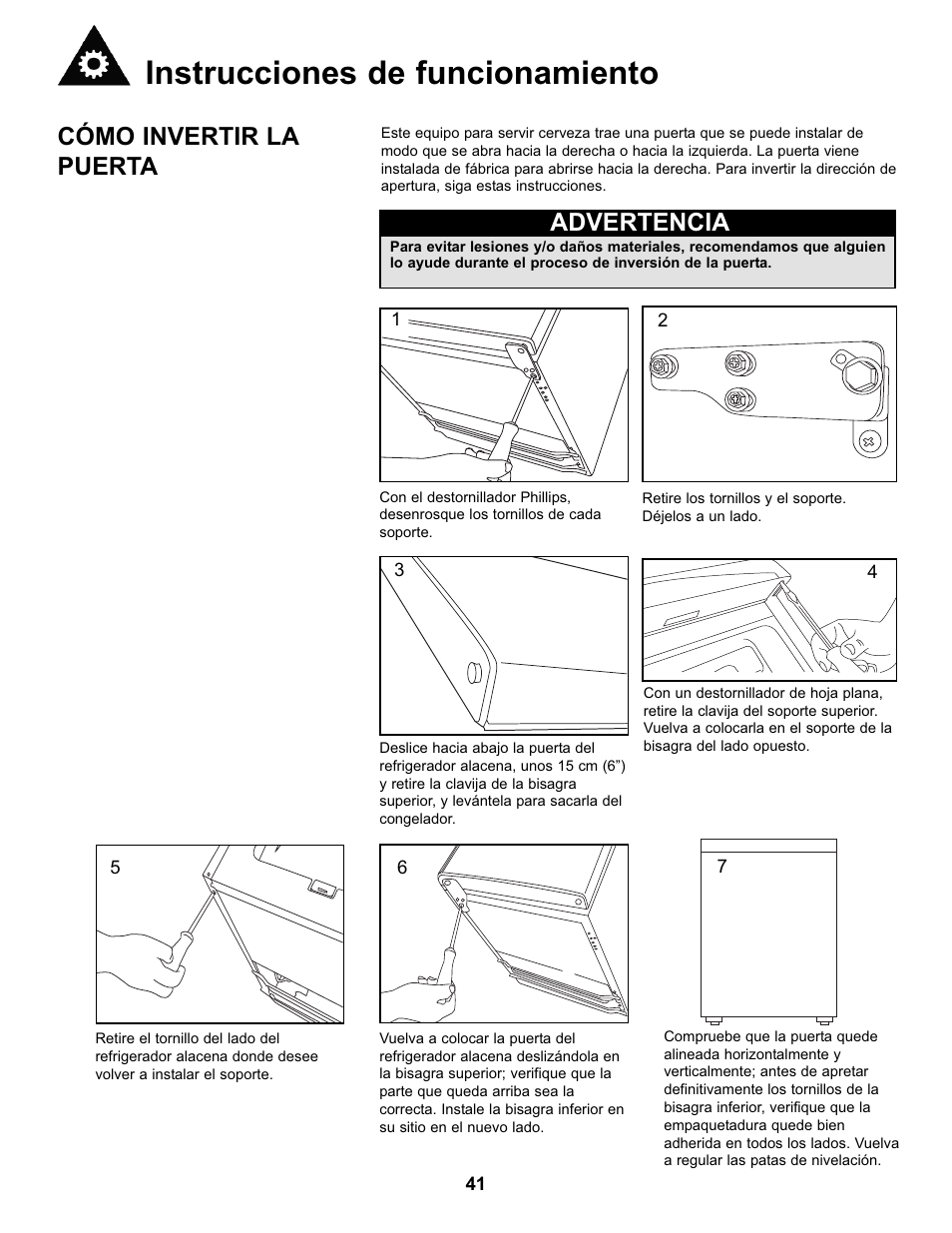 Instrucciones de funcionamiento, Cómo invertir la puerta, Advertencia | Danby DKC146SLDB User Manual | Page 42 / 45