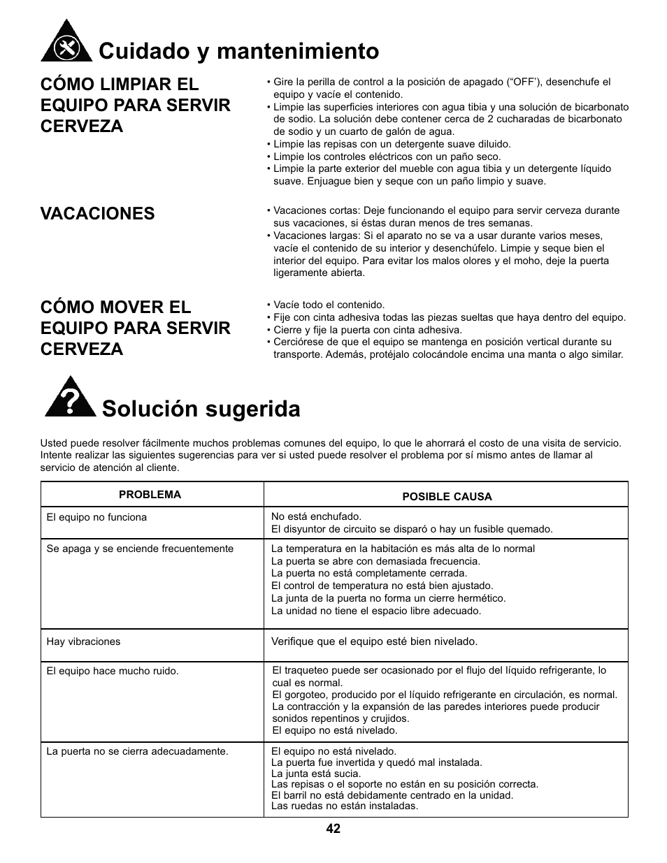 Cuidado y mantenimiento solución sugerida, Cómo limpiar el equipo para servir cerveza, Vacaciones | Cómo mover el equipo para servir cerveza | Danby DKC146SLDB User Manual | Page 43 / 45