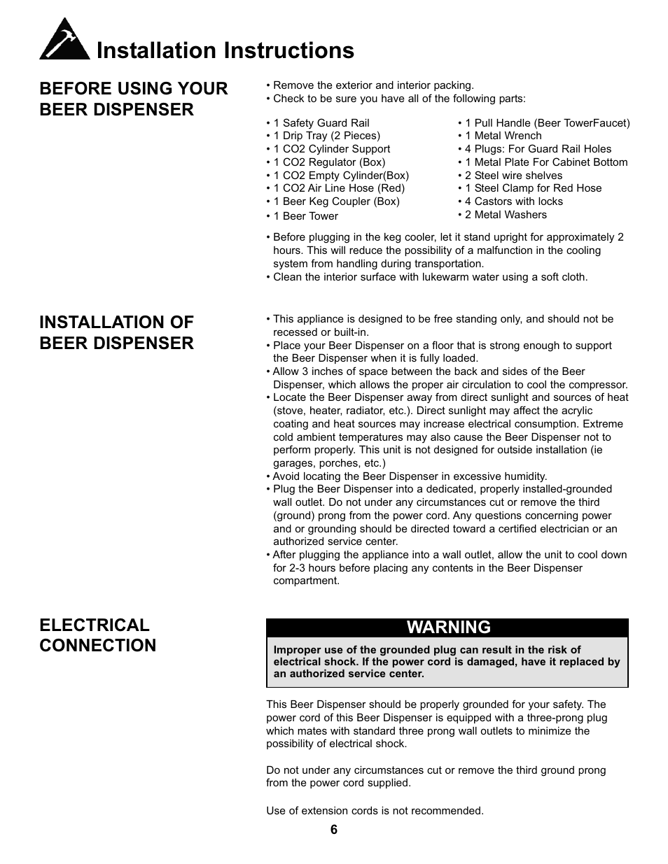 Installation instructions, Before using your beer dispenser, Installation of beer dispenser | Electrical connection, Warning | Danby DKC146SLDB User Manual | Page 7 / 45