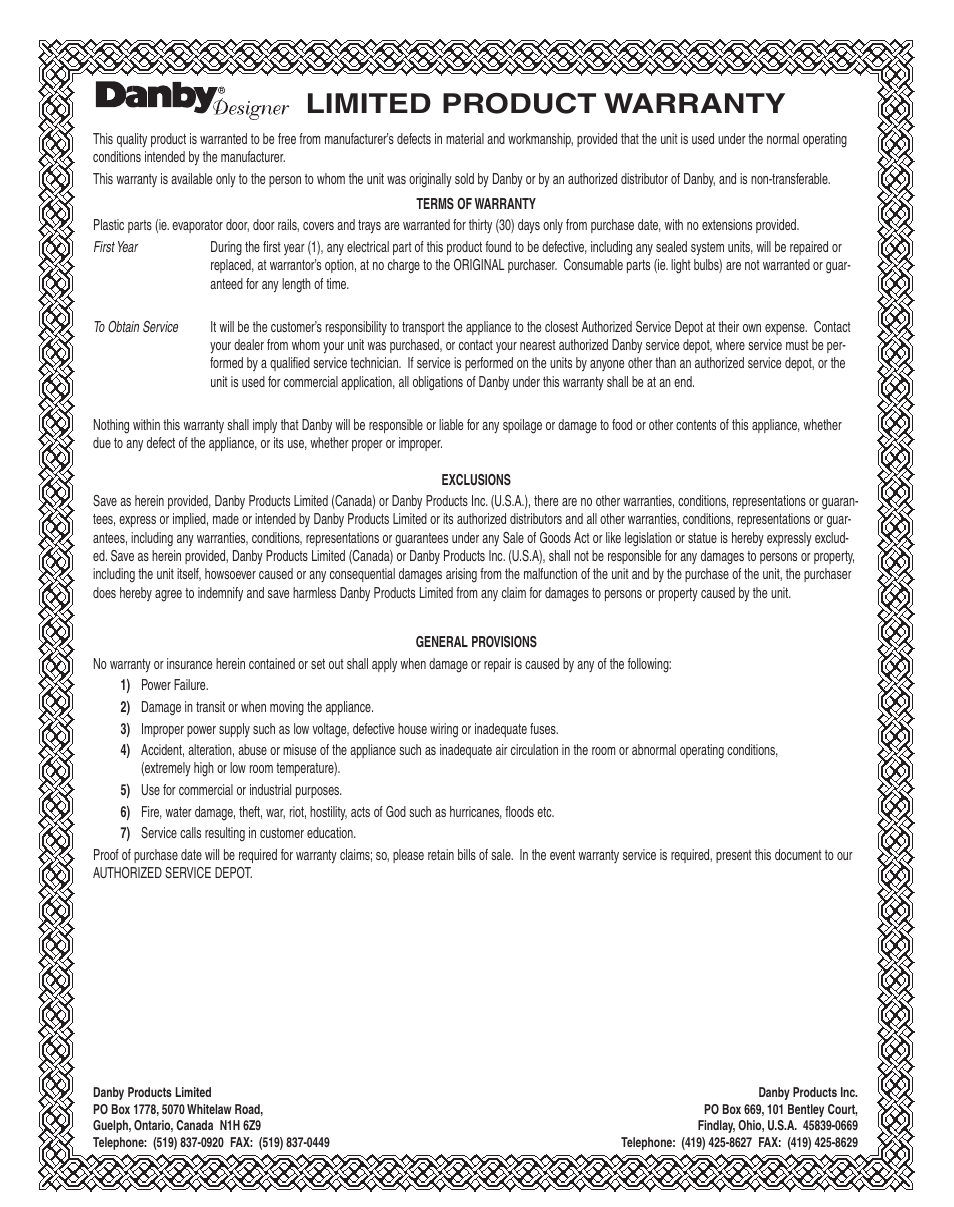 Limited product warranty | Danby dim1524w User Manual | Page 27 / 40