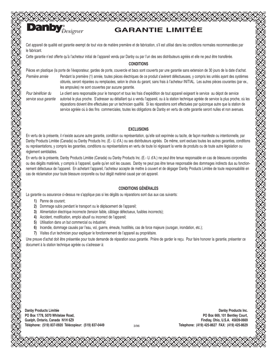 Garantie limitée | Danby dim1524w User Manual | Page 29 / 40
