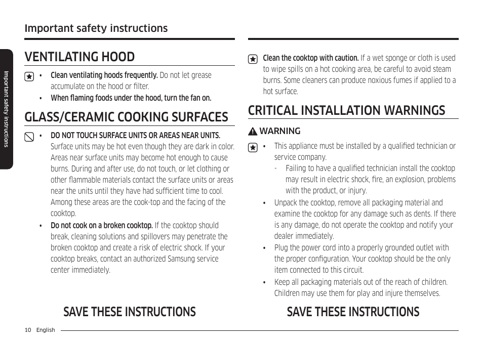 Ventilating hood, Glass/ceramic cooking surfaces, Critical installation warnings | Save these instructions, Important safety instructions | Samsung 36 Inch Induction Cooktop Owners Guide User Manual | Page 10 / 110