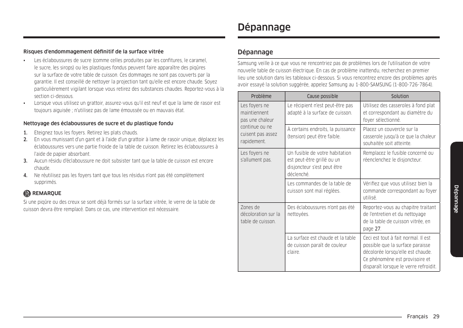 Dépannage, Dépannage 29 | Samsung 36 Inch Induction Cooktop Owners Guide User Manual | Page 101 / 110