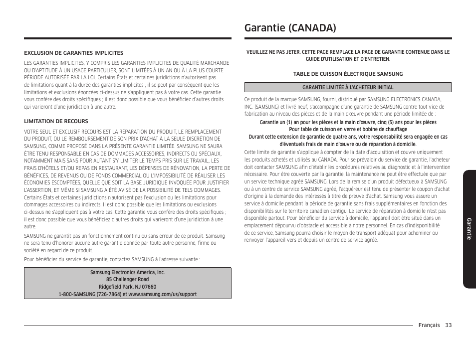 Garantie (canada) | Samsung 36 Inch Induction Cooktop Owners Guide User Manual | Page 105 / 110