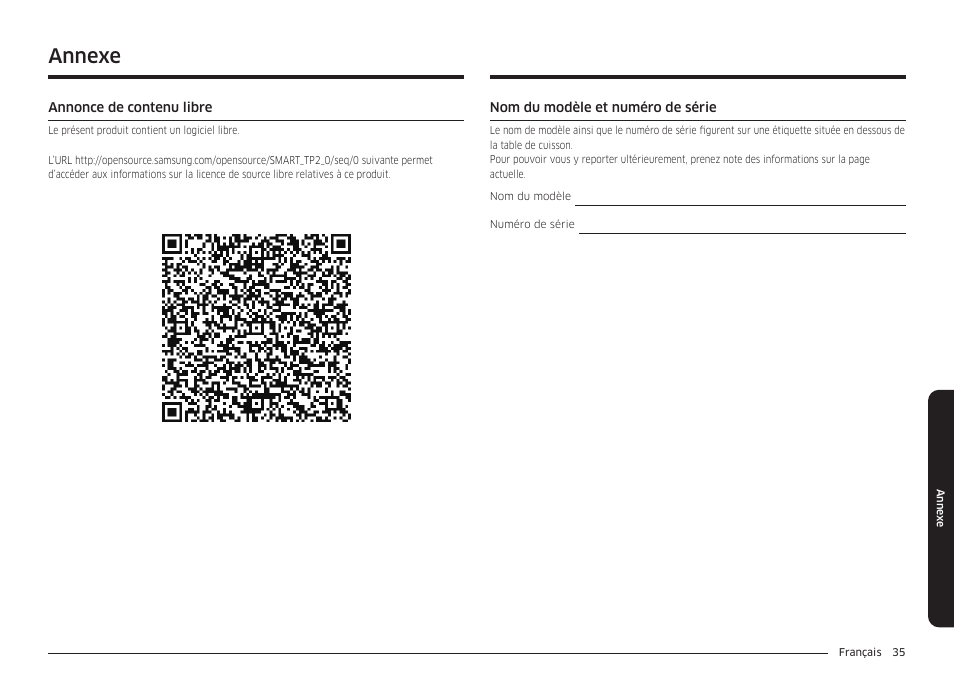 Annexe, Annonce de contenu libre, Nom du modèle et numéro de série | Annexe 35 | Samsung 36 Inch Induction Cooktop Owners Guide User Manual | Page 107 / 110