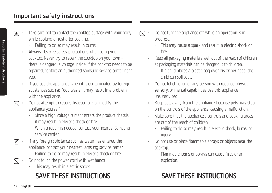 Save these instructions, Important safety instructions | Samsung 36 Inch Induction Cooktop Owners Guide User Manual | Page 12 / 110