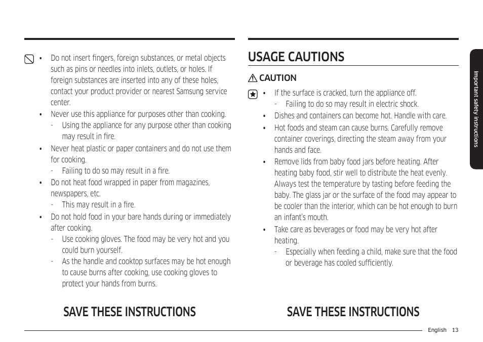 Usage cautions, Save these instructions, Save these instructions usage cautions | Samsung 36 Inch Induction Cooktop Owners Guide User Manual | Page 13 / 110