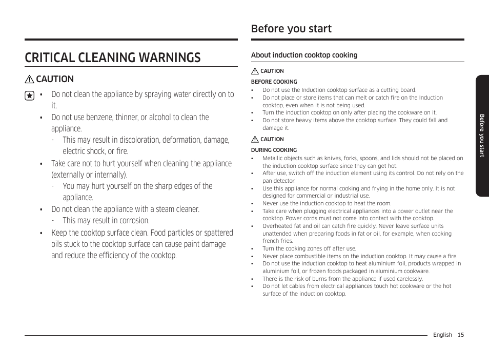 Critical cleaning warnings, Before you start, About induction cooktop cooking | Caution | Samsung 36 Inch Induction Cooktop Owners Guide User Manual | Page 15 / 110