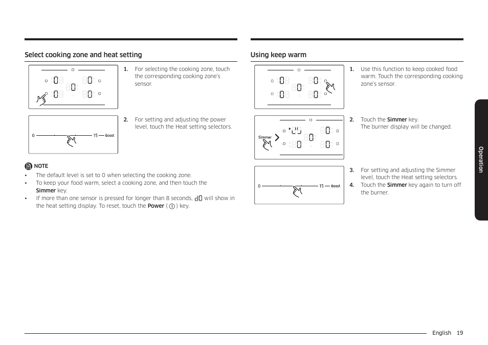 Select cooking zone and heat setting, Using keep warm | Samsung 36 Inch Induction Cooktop Owners Guide User Manual | Page 19 / 110