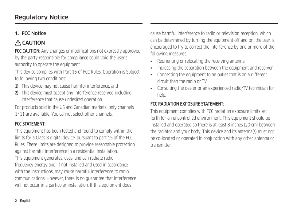 Regulatory notice | Samsung 36 Inch Induction Cooktop Owners Guide User Manual | Page 2 / 110