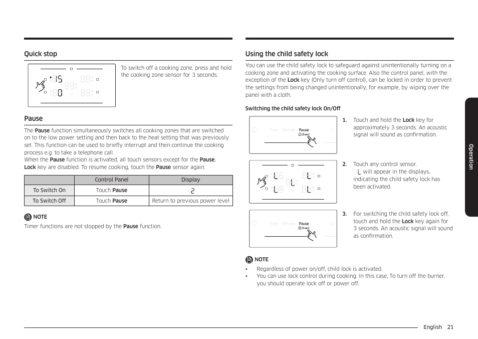 Quick stop, Pause, Using the child safety lock | Pause 21 using the child safety lock | Samsung 36 Inch Induction Cooktop Owners Guide User Manual | Page 21 / 110