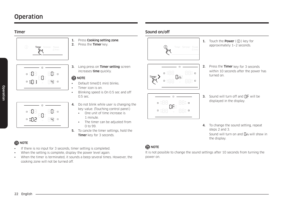 Timer, Sound on/off, Timer 22 sound on/off | Operation | Samsung 36 Inch Induction Cooktop Owners Guide User Manual | Page 22 / 110