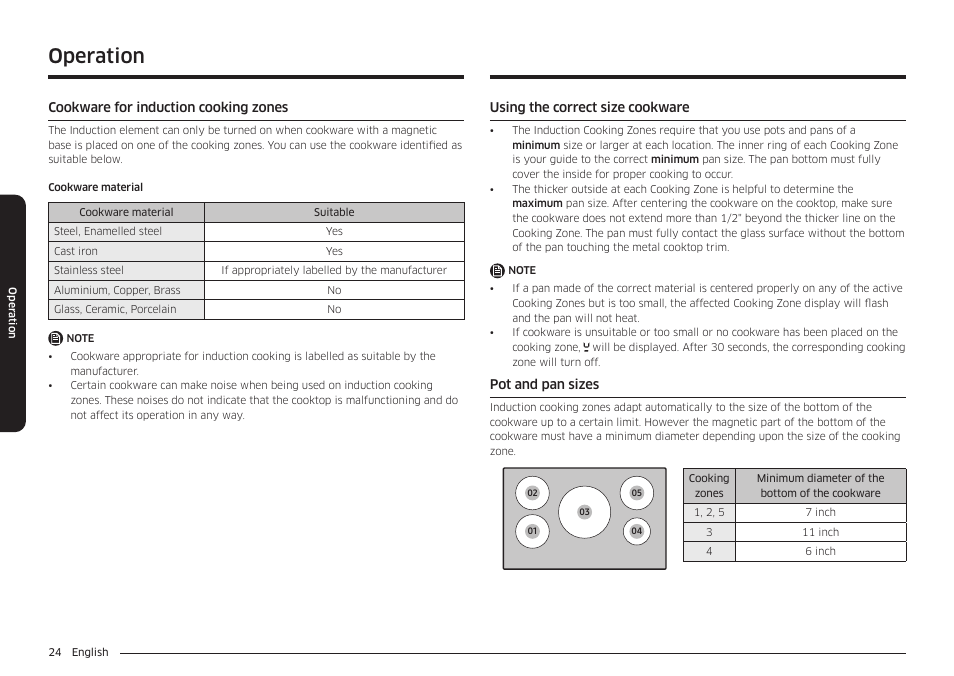 Cookware for induction cooking zones, Using the correct size cookware, Pot and pan sizes | Operation | Samsung 36 Inch Induction Cooktop Owners Guide User Manual | Page 24 / 110