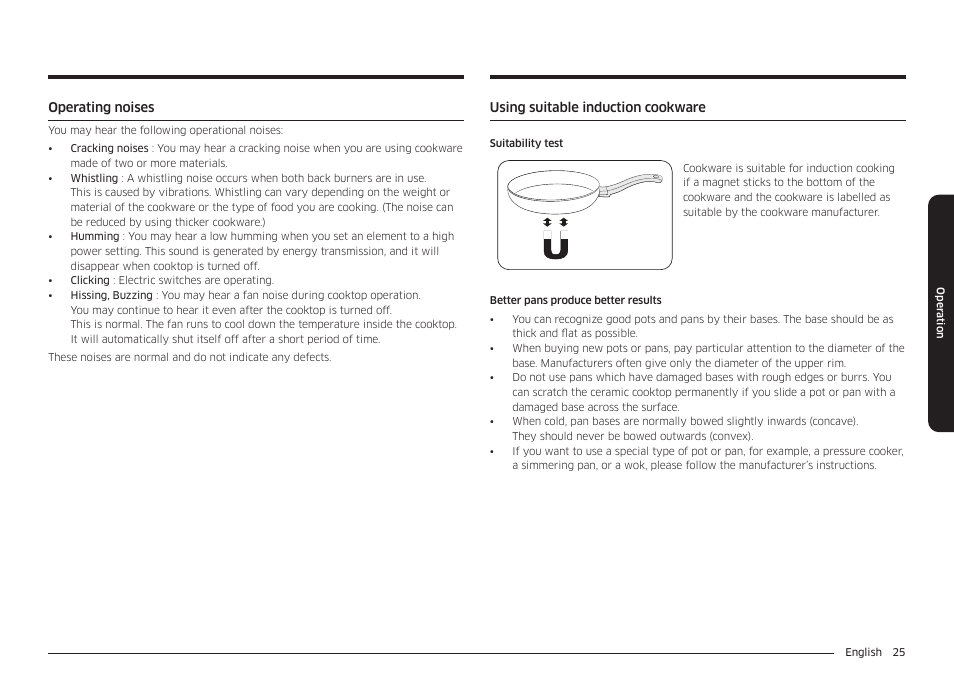 Operating noises, Using suitable induction cookware | Samsung 36 Inch Induction Cooktop Owners Guide User Manual | Page 25 / 110