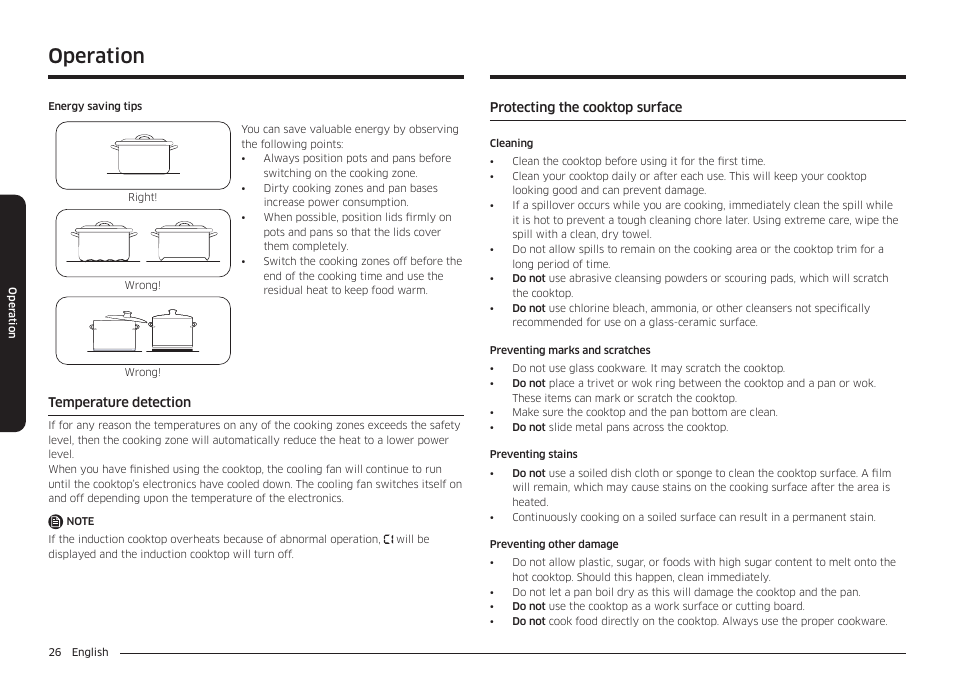 Temperature detection, Protecting the cooktop surface, Operation | Samsung 36 Inch Induction Cooktop Owners Guide User Manual | Page 26 / 110