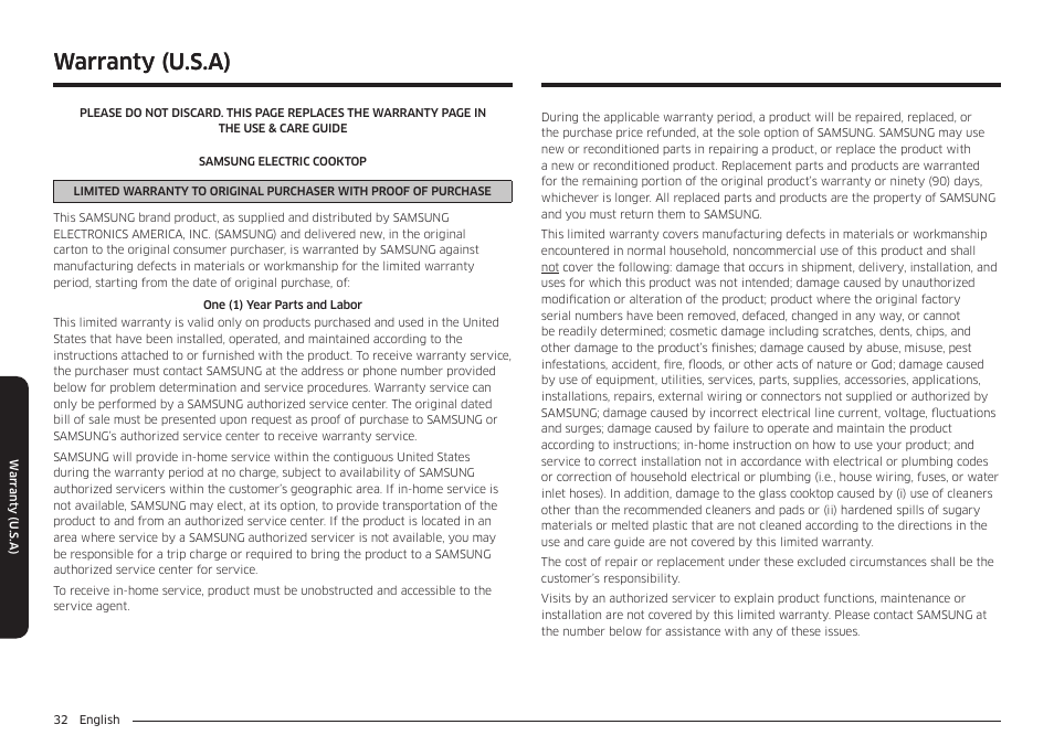 Warranty (u.s.a) | Samsung 36 Inch Induction Cooktop Owners Guide User Manual | Page 32 / 110