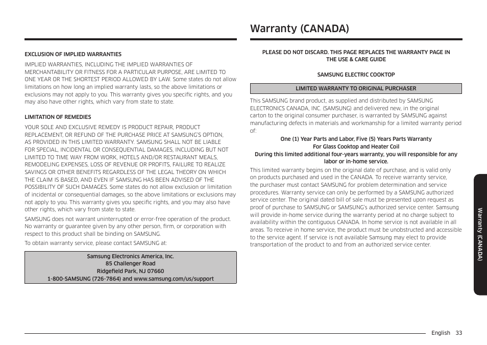 Warranty (canada) | Samsung 36 Inch Induction Cooktop Owners Guide User Manual | Page 33 / 110