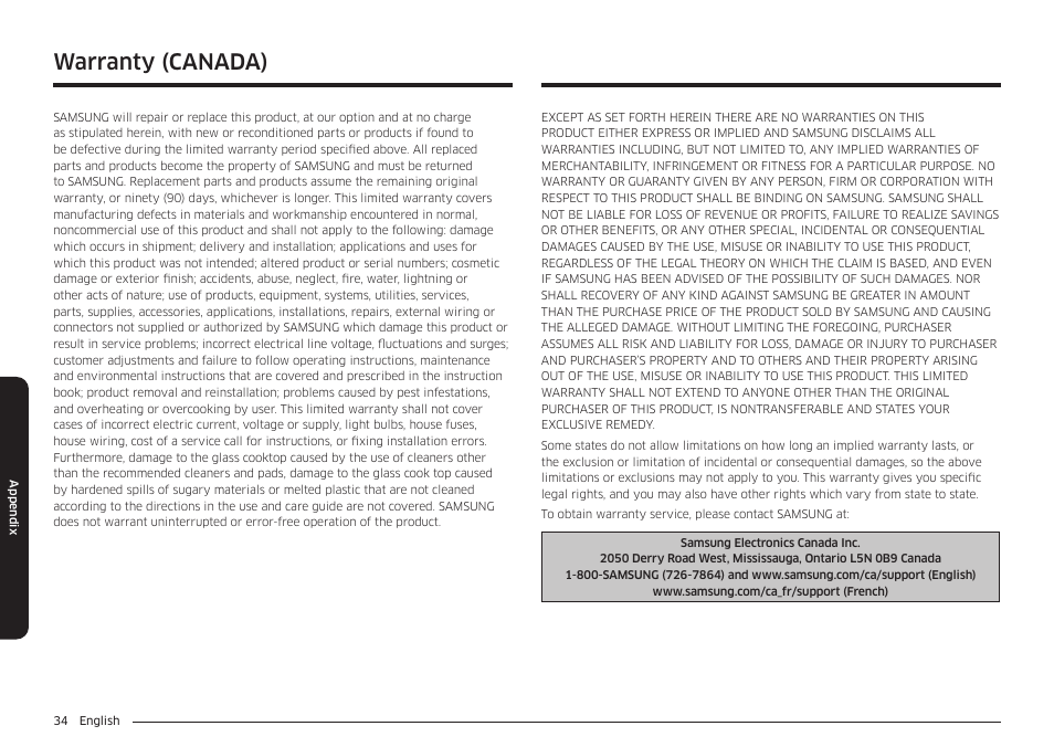 Warranty (canada) | Samsung 36 Inch Induction Cooktop Owners Guide User Manual | Page 34 / 110