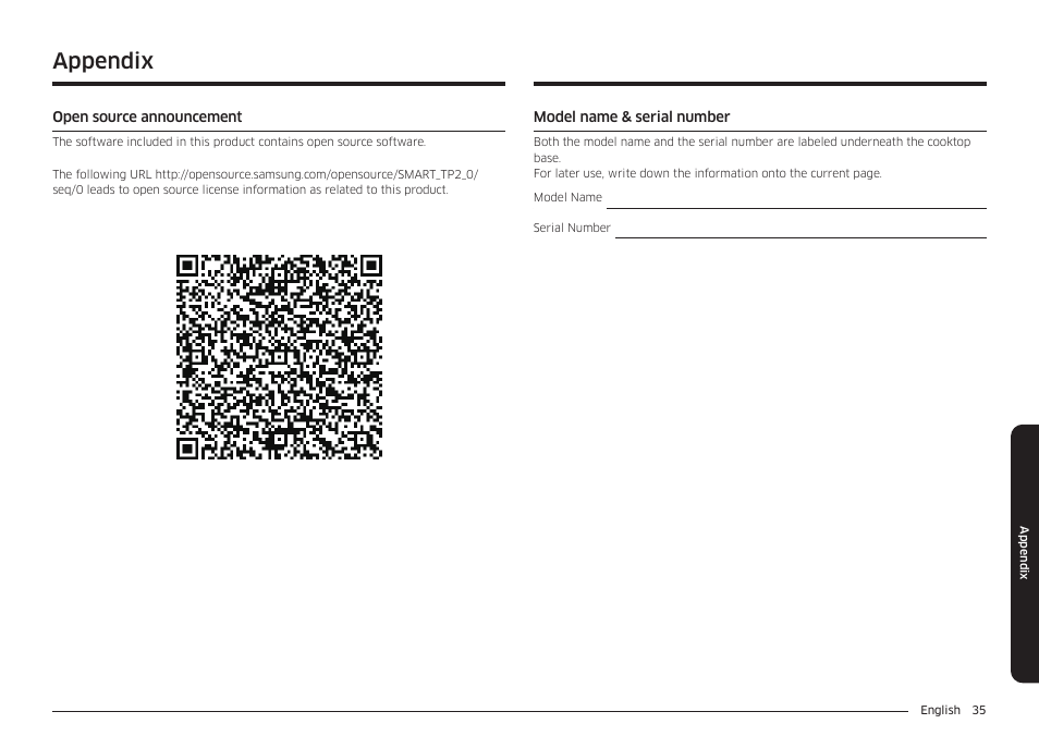 Appendix, Open source announcement, Model name & serial number | Appendix 35 | Samsung 36 Inch Induction Cooktop Owners Guide User Manual | Page 35 / 110