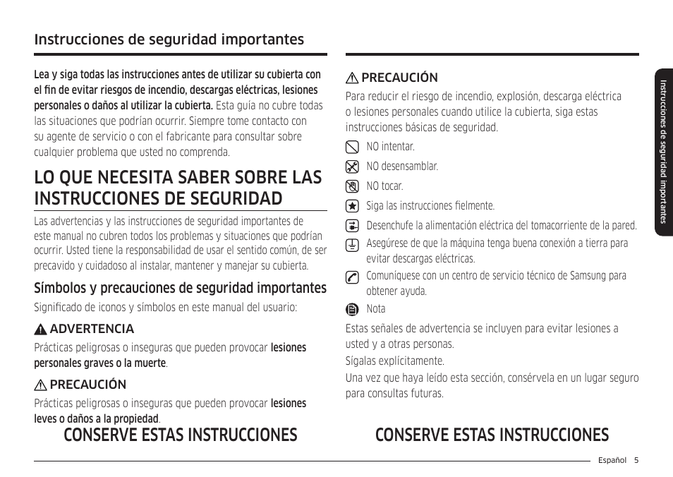 Instrucciones de seguridad importantes, Conserve estas instrucciones, Símbolos y precauciones de seguridad importantes | Samsung 36 Inch Induction Cooktop Owners Guide User Manual | Page 41 / 110