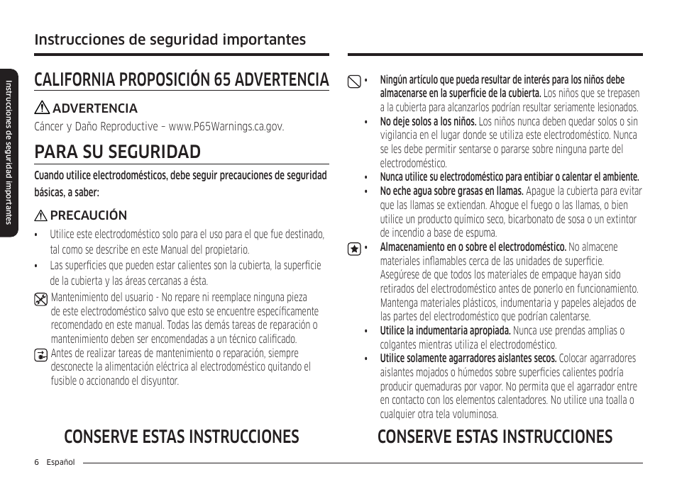 Para su seguridad, Conserve estas instrucciones, Instrucciones de seguridad importantes | Samsung 36 Inch Induction Cooktop Owners Guide User Manual | Page 42 / 110