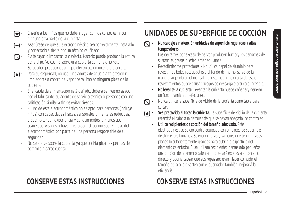 Unidades de superficie de cocción, Conserve estas instrucciones | Samsung 36 Inch Induction Cooktop Owners Guide User Manual | Page 43 / 110