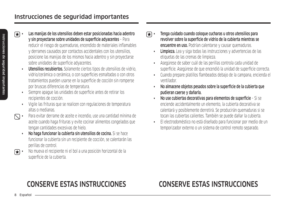 Conserve estas instrucciones, Instrucciones de seguridad importantes | Samsung 36 Inch Induction Cooktop Owners Guide User Manual | Page 44 / 110