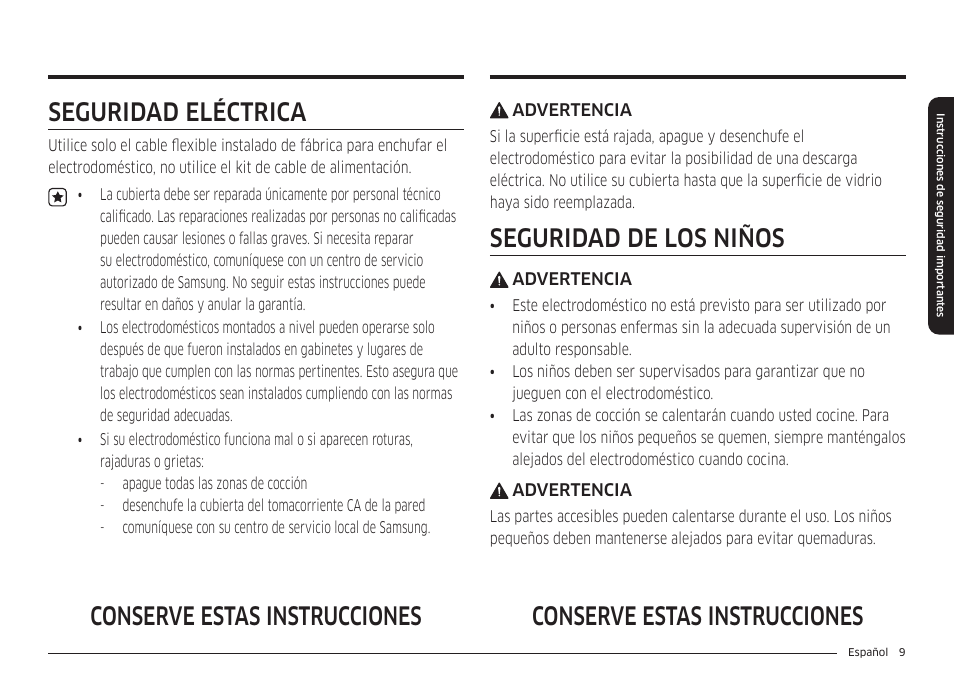 Seguridad eléctrica, Seguridad de los niños, Conserve estas instrucciones | Samsung 36 Inch Induction Cooktop Owners Guide User Manual | Page 45 / 110