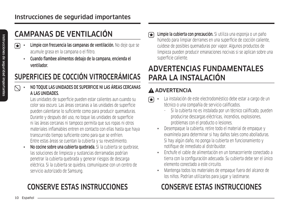 Campanas de ventilación, Superficies de cocción vitrocerámicas, Advertencias fundamentales para la instalación | Conserve estas instrucciones, Instrucciones de seguridad importantes | Samsung 36 Inch Induction Cooktop Owners Guide User Manual | Page 46 / 110