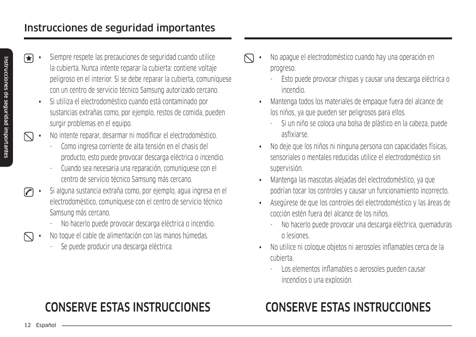 Conserve estas instrucciones, Instrucciones de seguridad importantes | Samsung 36 Inch Induction Cooktop Owners Guide User Manual | Page 48 / 110