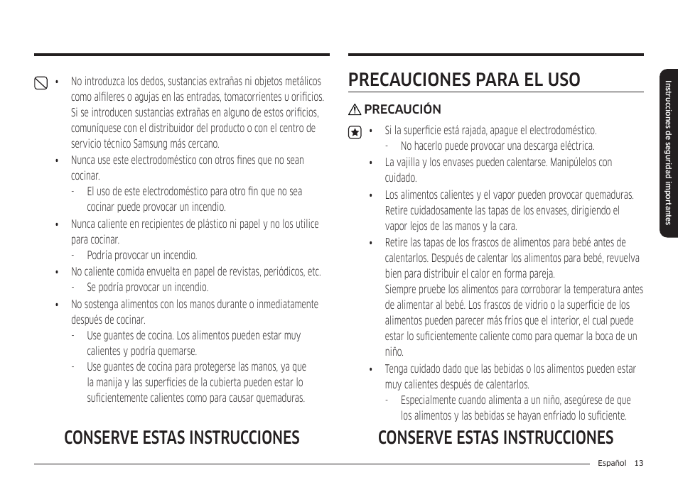Precauciones para el uso, Conserve estas instrucciones | Samsung 36 Inch Induction Cooktop Owners Guide User Manual | Page 49 / 110