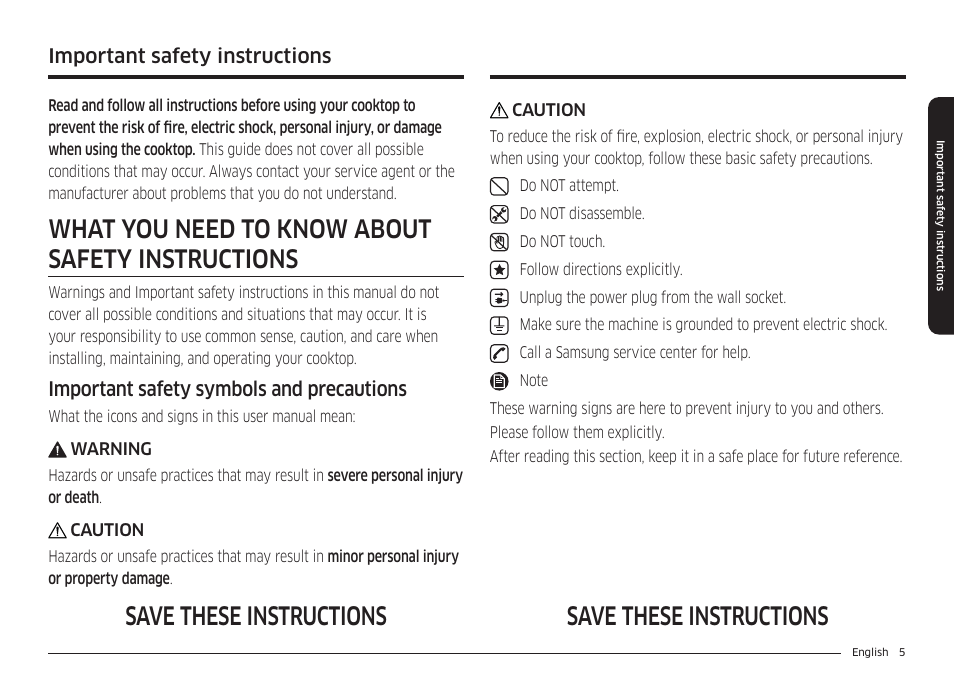 Important safety instructions, What you need to know about safety instructions, Save these instructions | Important safety symbols and precautions | Samsung 36 Inch Induction Cooktop Owners Guide User Manual | Page 5 / 110