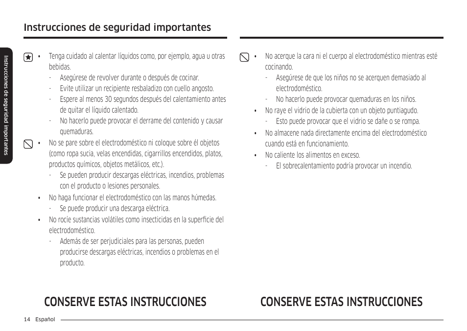 Conserve estas instrucciones, Instrucciones de seguridad importantes | Samsung 36 Inch Induction Cooktop Owners Guide User Manual | Page 50 / 110