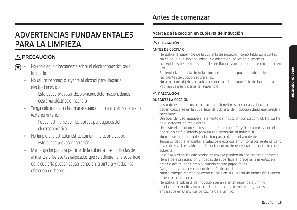 Advertencias fundamentales para la limpieza, Antes de comenzar, Acerca de la cocción en cubierta de inducción | Precaución | Samsung 36 Inch Induction Cooktop Owners Guide User Manual | Page 51 / 110