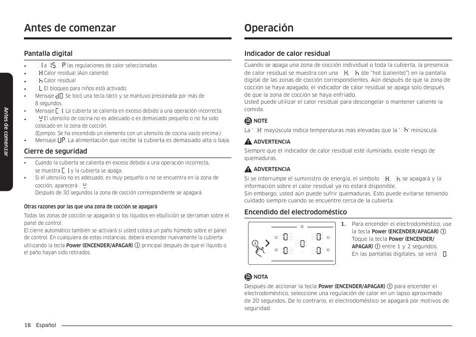 Pantalla digital, Cierre de seguridad, Operación | Indicador de calor residual, Encendido del electrodoméstico, Operación 18, Antes de comenzar | Samsung 36 Inch Induction Cooktop Owners Guide User Manual | Page 54 / 110