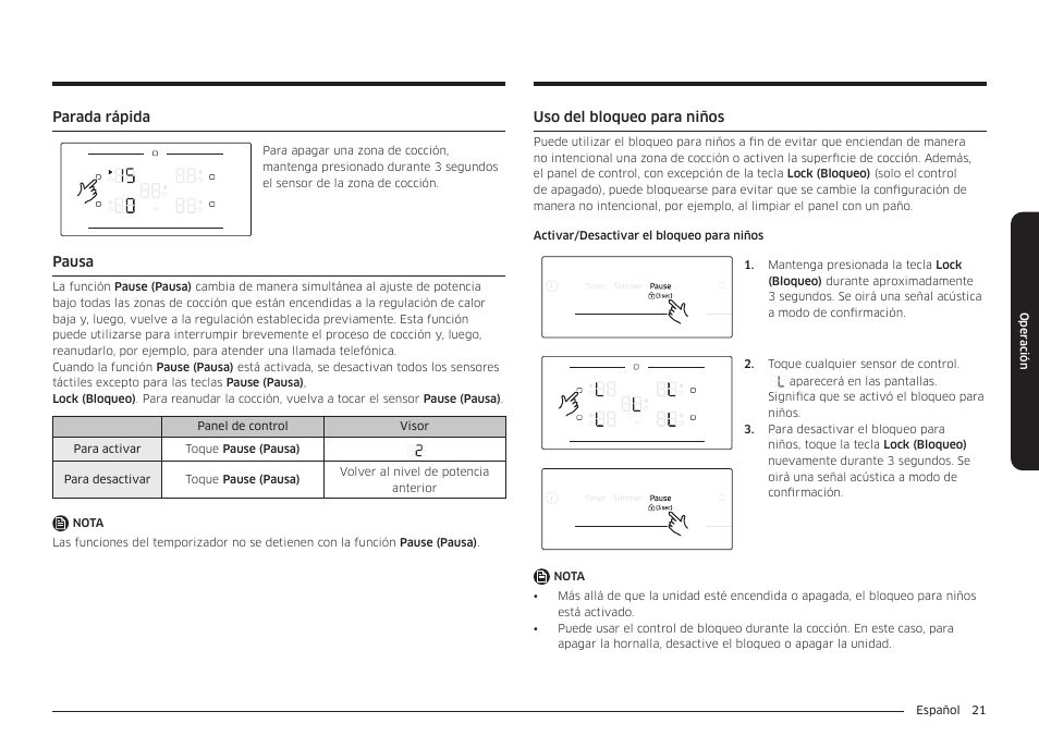 Parada rápida, Pausa, Uso del bloqueo para niños | Pausa 21 uso del bloqueo para niños | Samsung 36 Inch Induction Cooktop Owners Guide User Manual | Page 57 / 110
